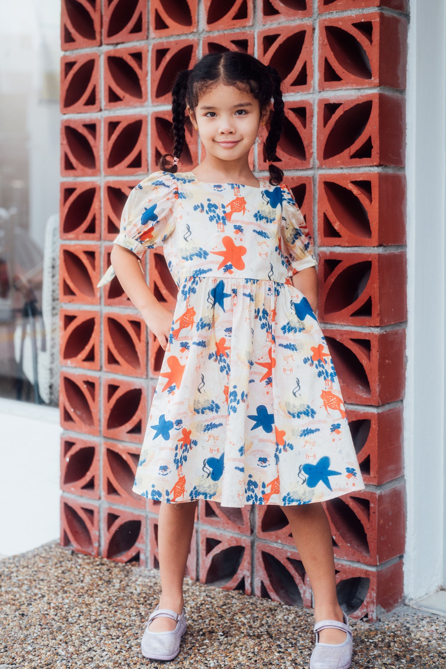 Sora Liberty Print Puff Sleeve Dress with Tie Sleeves for Girl