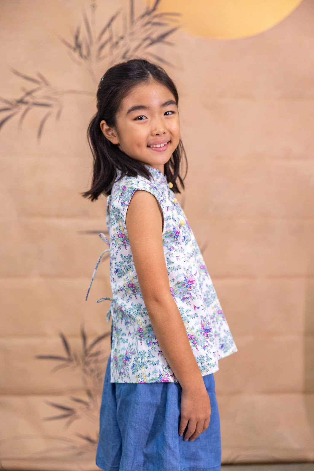 Floral Wonderland Mandarin Collar Ribbon Top for Girls - Lilac
