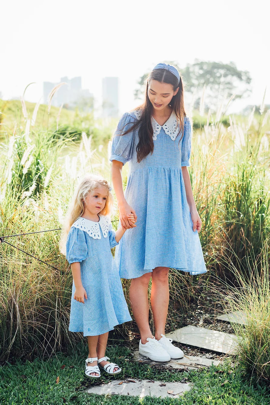 Blue Gingham Embroidered Collar Linen Dress for Girl