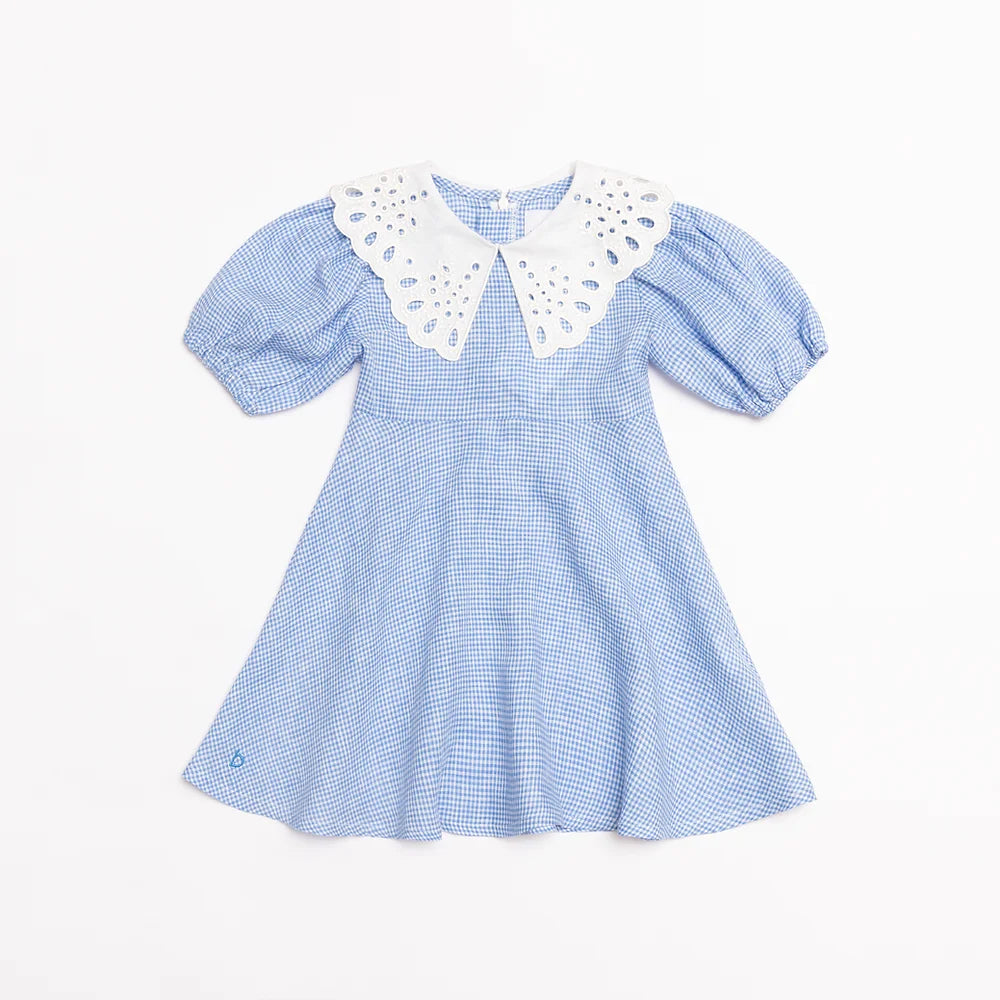Blue Gingham Embroidered Collar Linen Dress for Girl