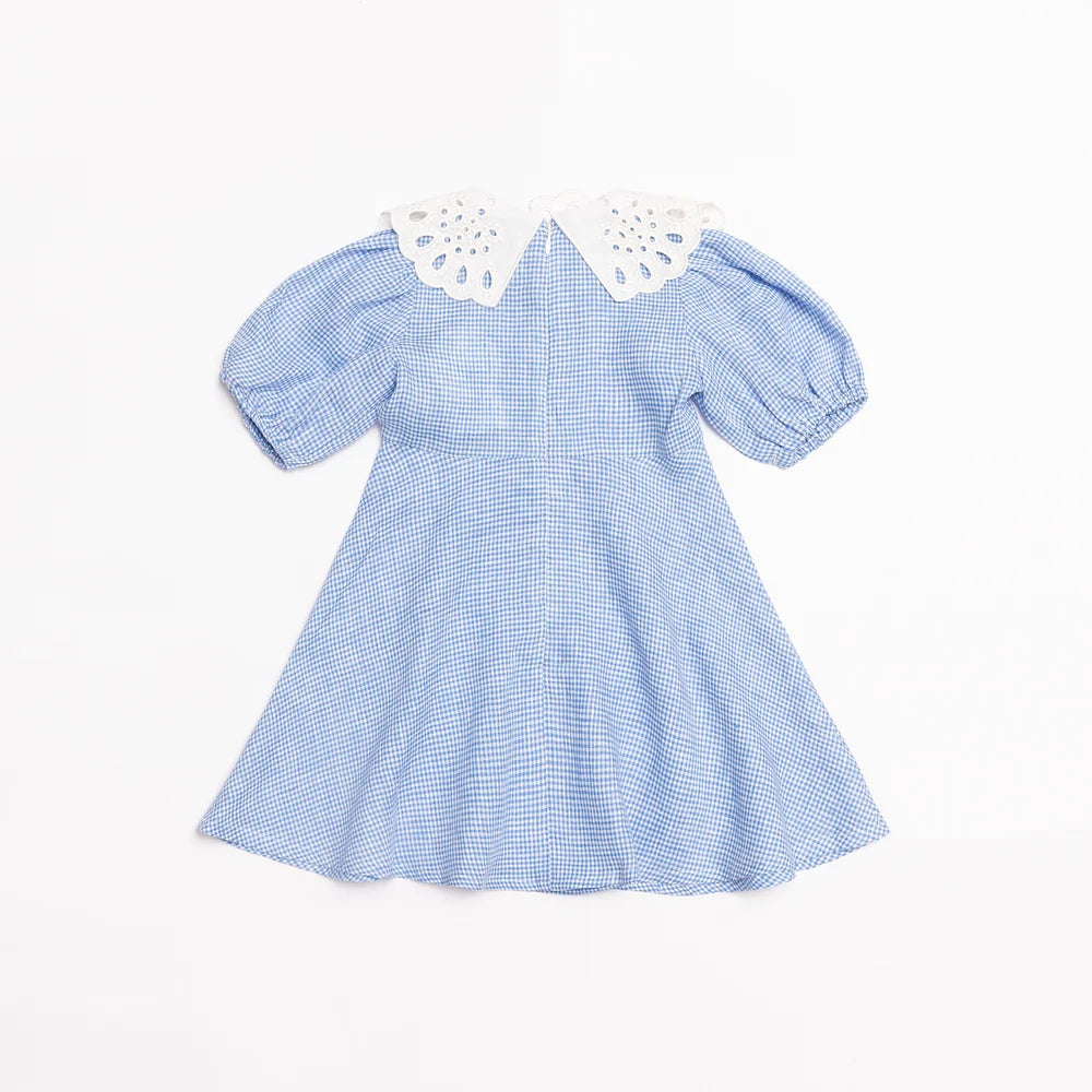Blue Gingham Embroidered Collar Linen Dress for Girl