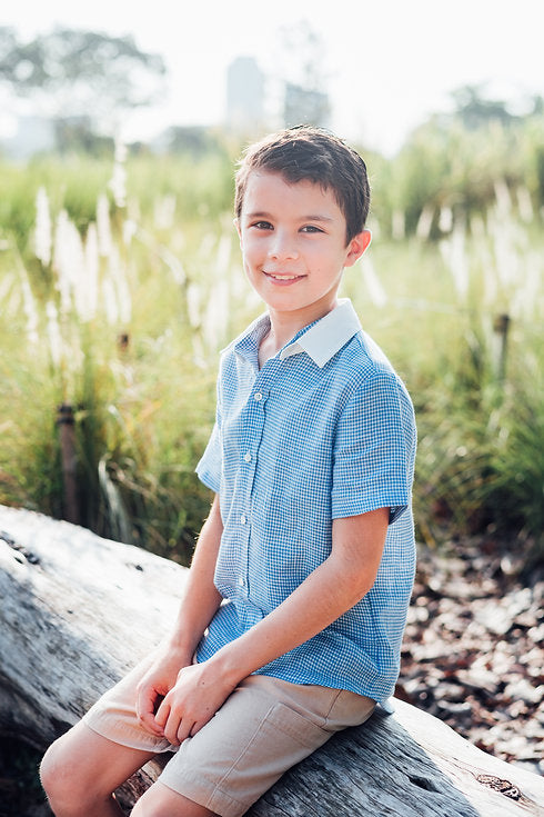 Blue Gingham Linen Shirt with Detachable Collar for boy