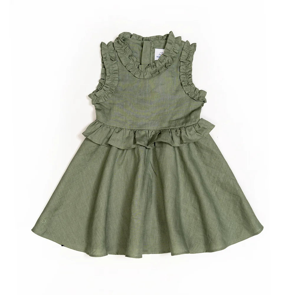 Charlotte Faux Two Piece Ruffle Dress for Girls in moss green linen
