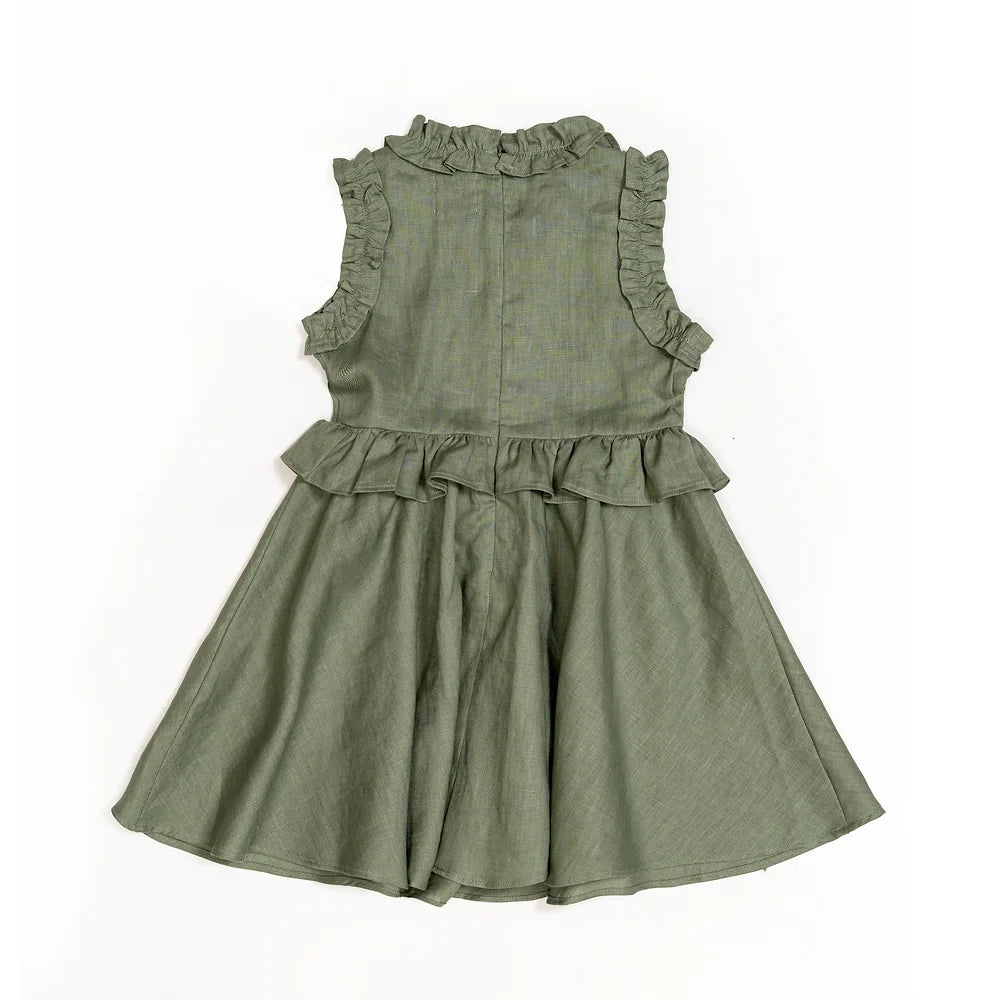Charlotte Faux Two Piece Ruffle Dress for Girls in moss green linen