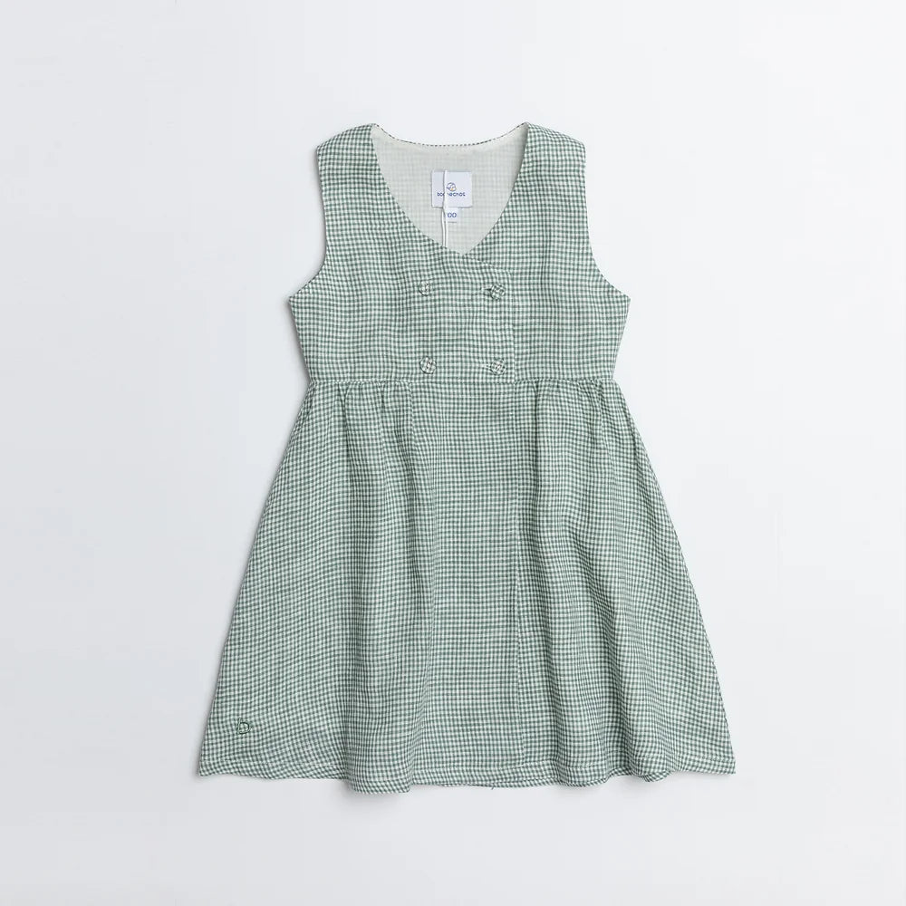 Green Gingham Double Button Linen Dress for girl