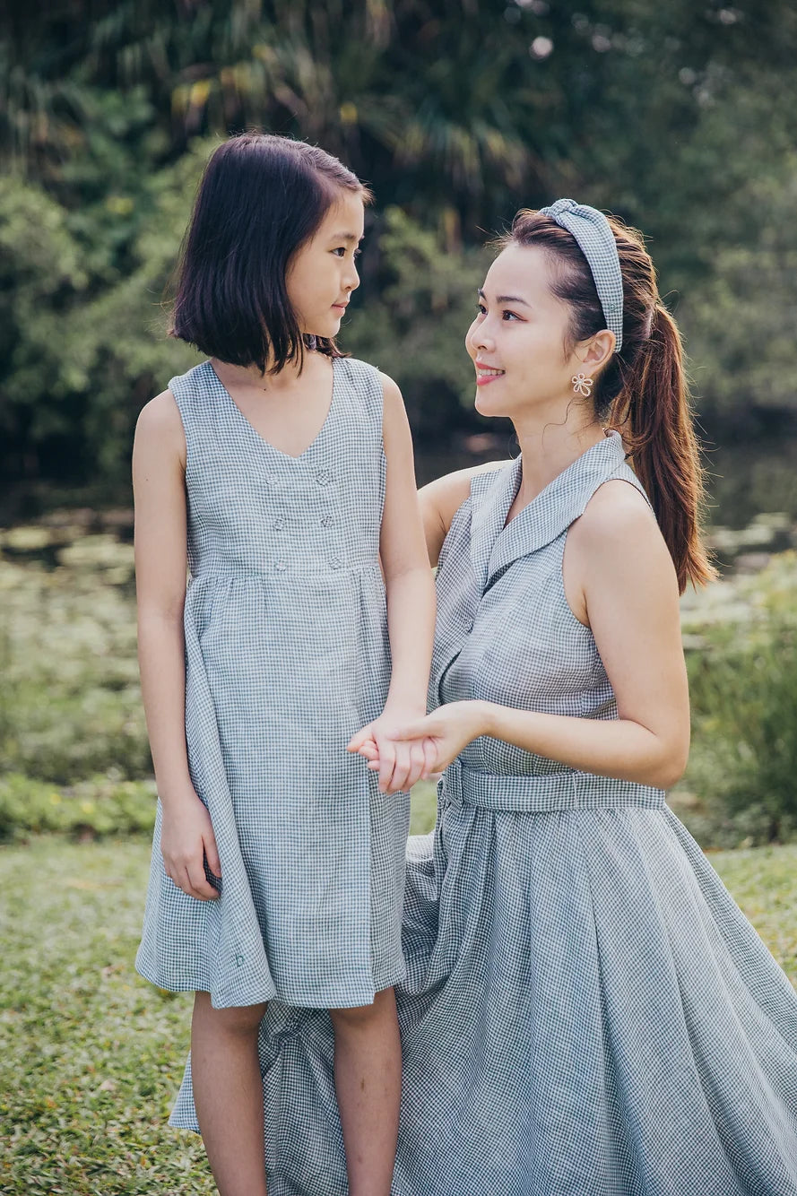 Green Gingham Double Button Linen Dress for girl