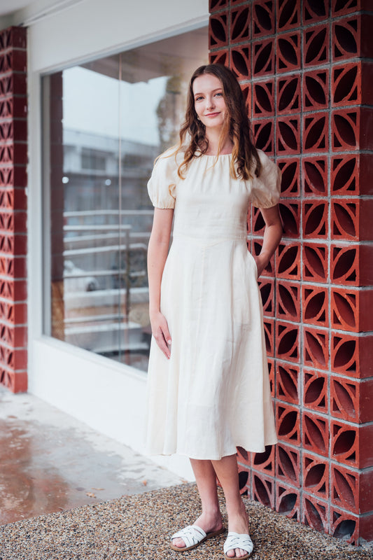 Ivory Linen Midi Dress for Lady