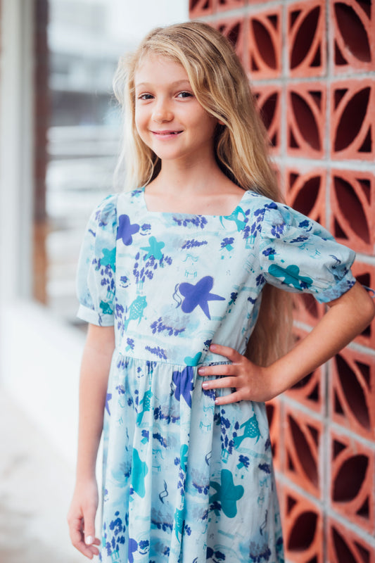 Sora Liberty Print Puff Sleeve Dress with Tie Sleeves for Girl