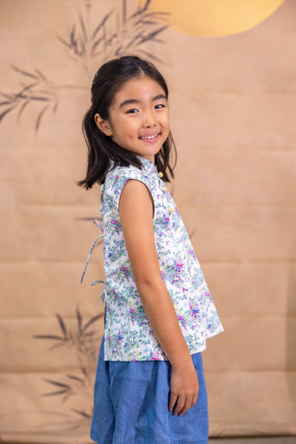 Floral Wonderland Mandarin Collar Ribbon Top for Girls - Lilac