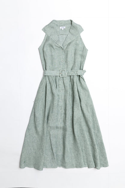 Green Gingham Shirtwaist Linen Dress with Belt for  woman