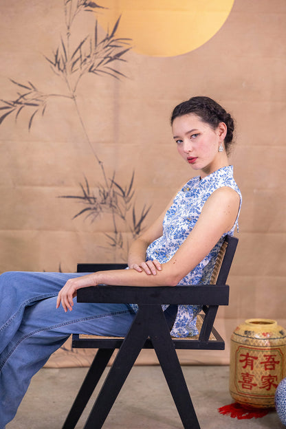 Floral Wonderland Mandarin Collar Ribbon Top for ladies - Blue