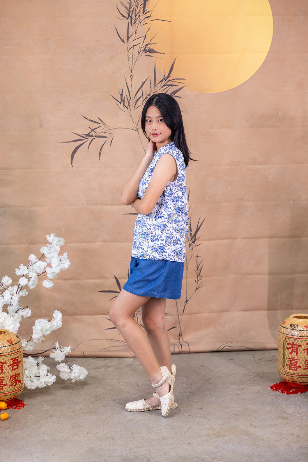 Floral Wonderland Mandarin Collar Ribbon Top for Girls - Blue