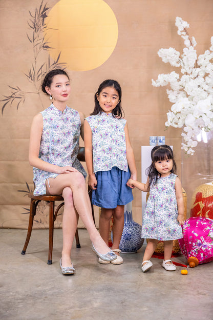 Floral Wonderland Mandarin Collar Ribbon Top for Girls - Lilac