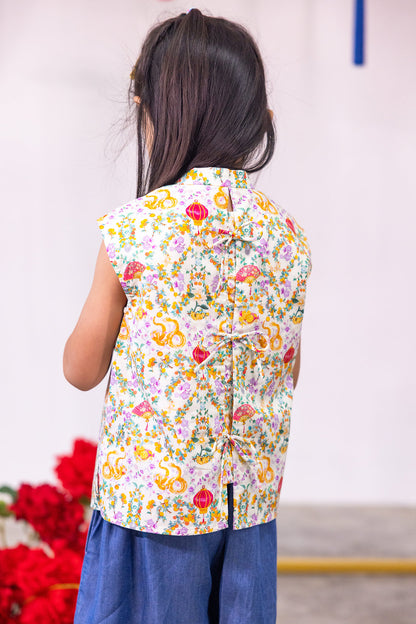 Snake! Snake! Mandarin Collar Ribbon Top for girls