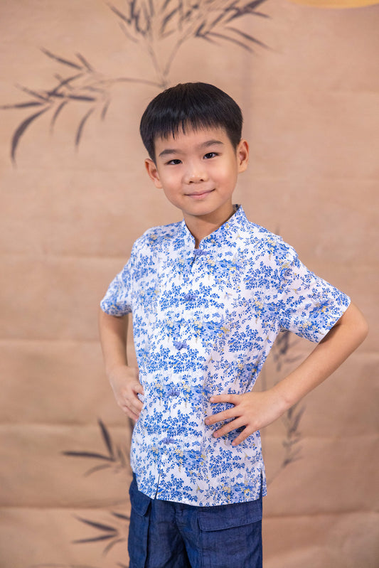 Floral Wonderland Mandarin Collar Shirt for Boys