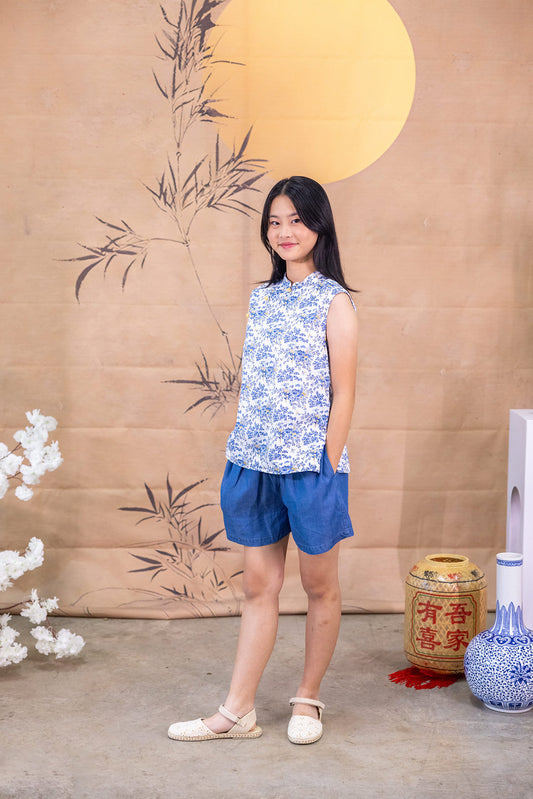 Floral Wonderland Mandarin Collar Ribbon Top for Girls - Blue