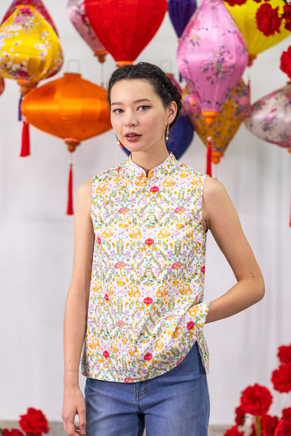 Snake! Snake! Mandarin Collar Ribbon Top for ladies