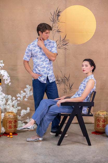 Floral Wonderland Mandarin Collar Ribbon Top for ladies - Blue