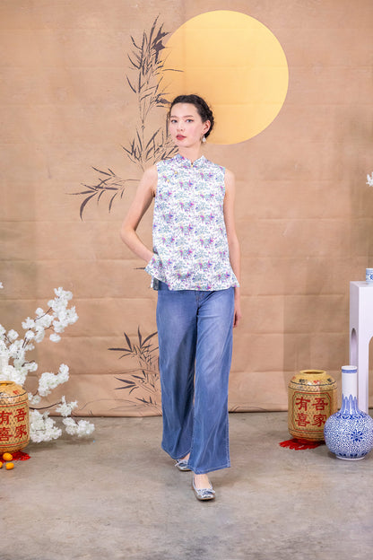 Floral Wonderland Mandarin Collar Ribbon Top for ladies - Lilac