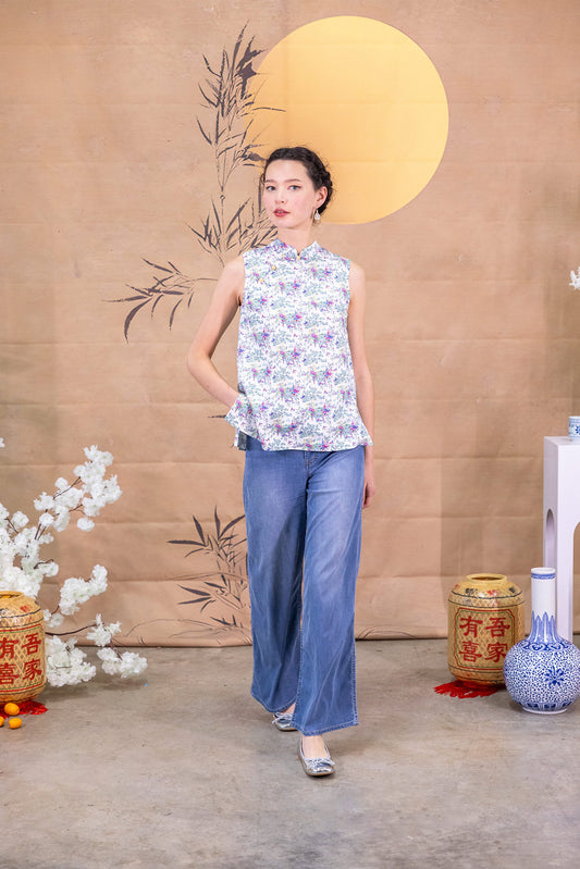Floral Wonderland Mandarin Collar Ribbon Top for ladies - Lilac
