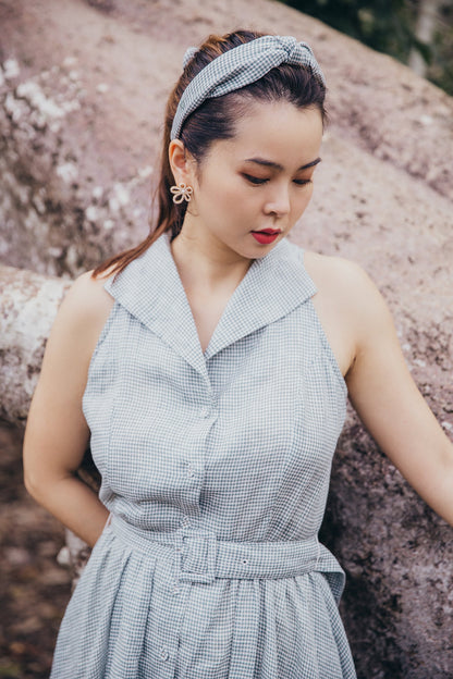 Green Gingham Shirtwaist Linen Dress with Belt for  woman