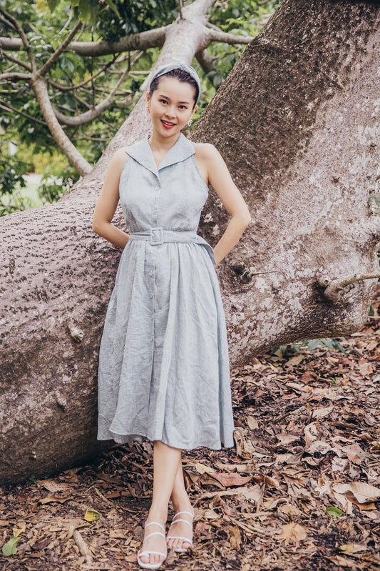 Green Gingham Shirtwaist Linen Dress with Belt for  woman