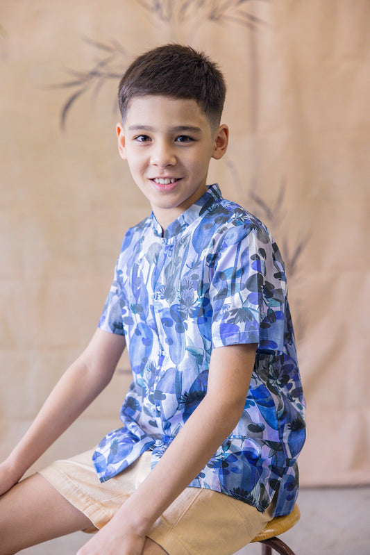 Lotus Mandarin Collar Shirt for Boys - Blue