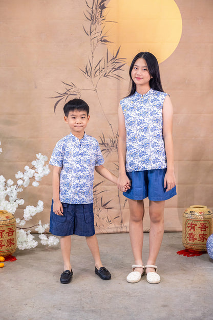 Floral Wonderland Mandarin Collar Shirt for Boys