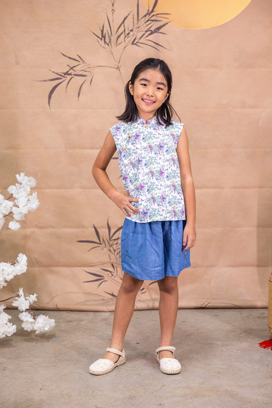 Floral Wonderland Mandarin Collar Ribbon Top for Girls - Lilac