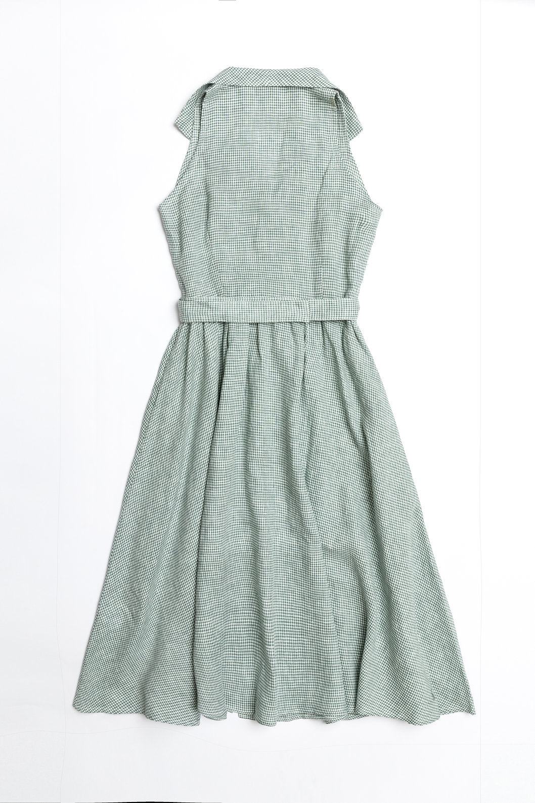 Green Gingham Shirtwaist Linen Dress with Belt for  woman