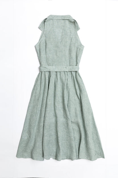 Green Gingham Shirtwaist Linen Dress with Belt for  woman