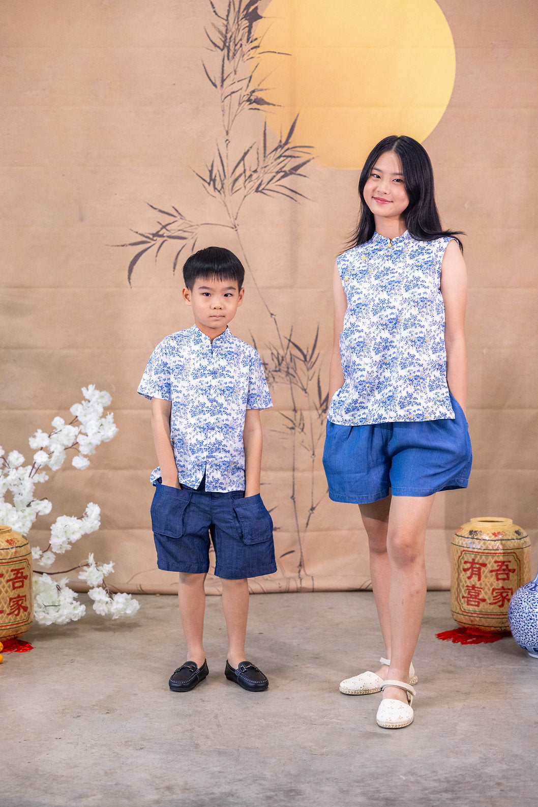 Floral Wonderland Mandarin Collar Ribbon Top for Girls - Blue