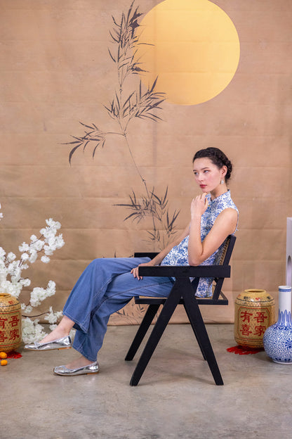 Floral Wonderland Mandarin Collar Ribbon Top for ladies - Blue