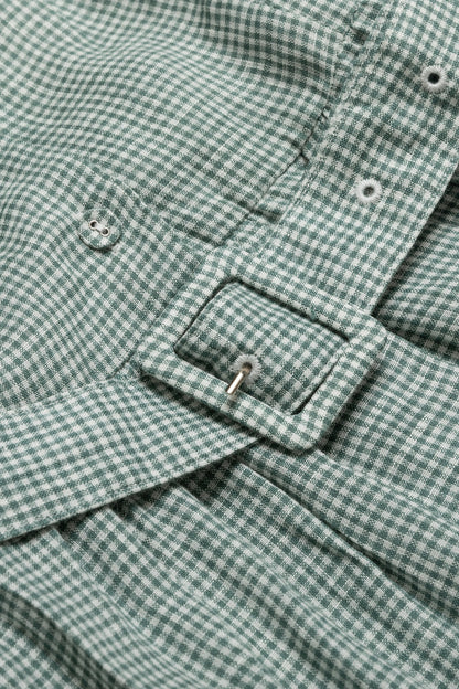 Green Gingham Shirtwaist Linen Dress with Belt for  woman