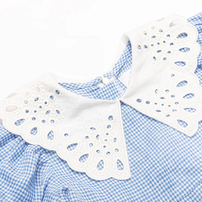Blue Gingham Embroidered Collar Linen Dress for Girl