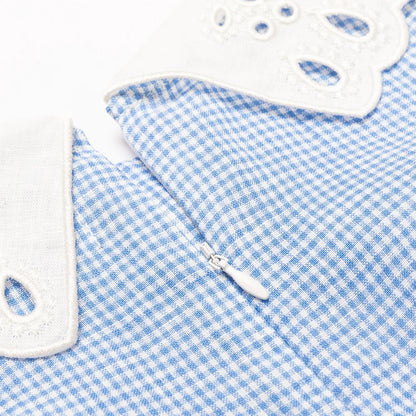 Blue Gingham Embroidered Collar Linen Dress for Girl