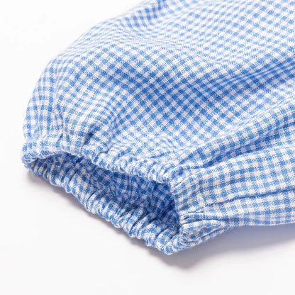 Blue Gingham Embroidered Collar Linen Dress for Girl