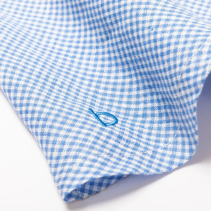 Blue Gingham Embroidered Collar Linen Dress for Girl