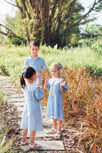 Blue Gingham Embroidered Collar Linen Dress for Girl