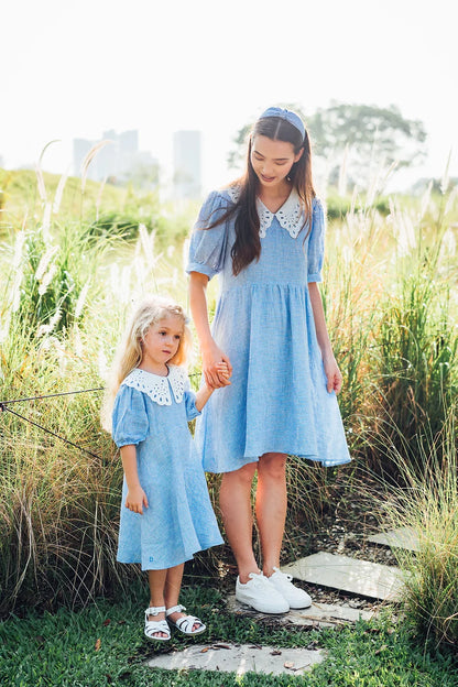 Blue Gingham Embroidered Collar Linen Dress for Girl