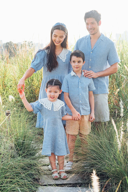 Blue Gingham Embroidered Collar Linen Dress for Girl