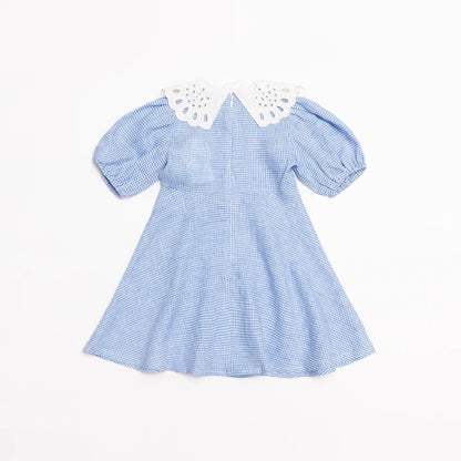 Blue Gingham Embroidered Collar Linen Dress for Girl