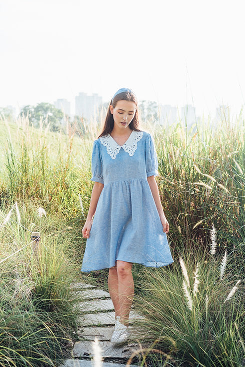 Blue Gingham Linen Dress for Woman