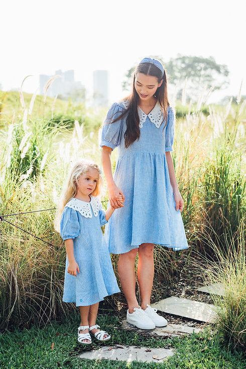 Blue Gingham Linen Dress for Woman
