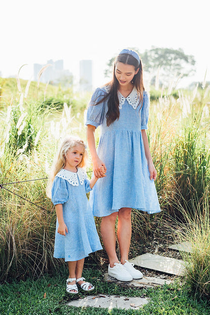 Blue Gingham Linen Dress for Woman