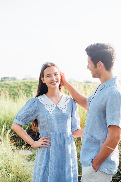 Blue Gingham Linen Dress for Woman