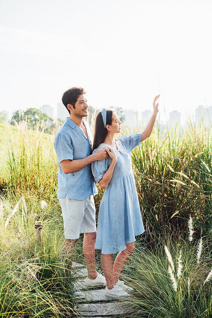 Blue Gingham Linen Dress for Woman