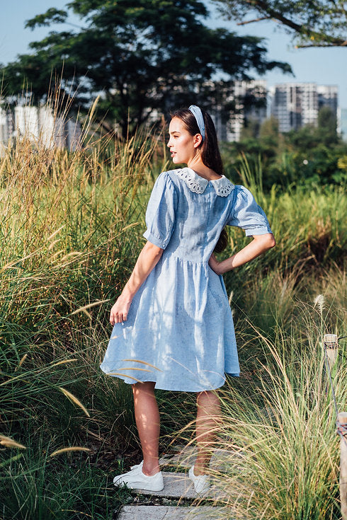 Blue Gingham Linen Dress for Woman