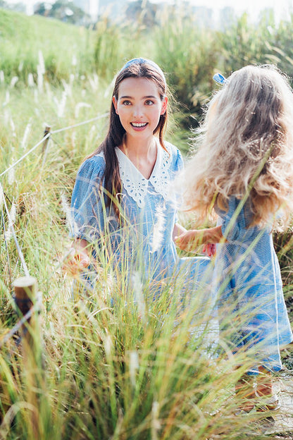 Blue Gingham Linen Dress for Woman