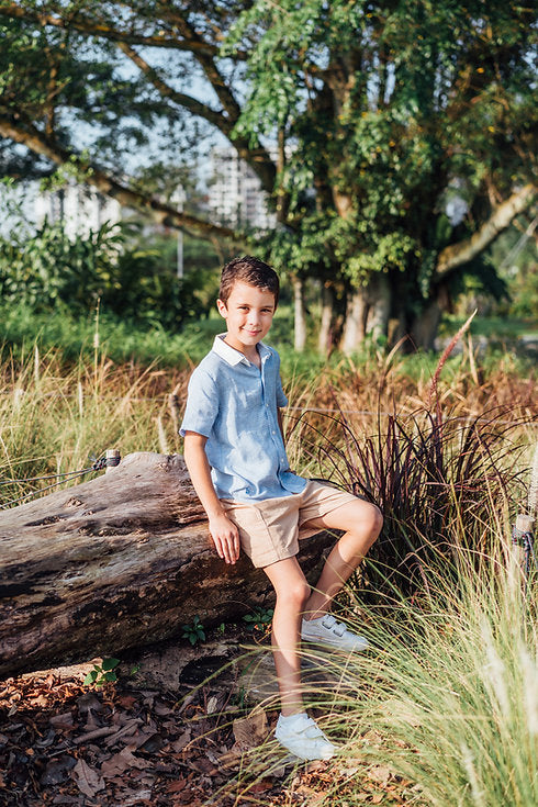 Blue Gingham Linen Shirt with Detachable Collar for boy